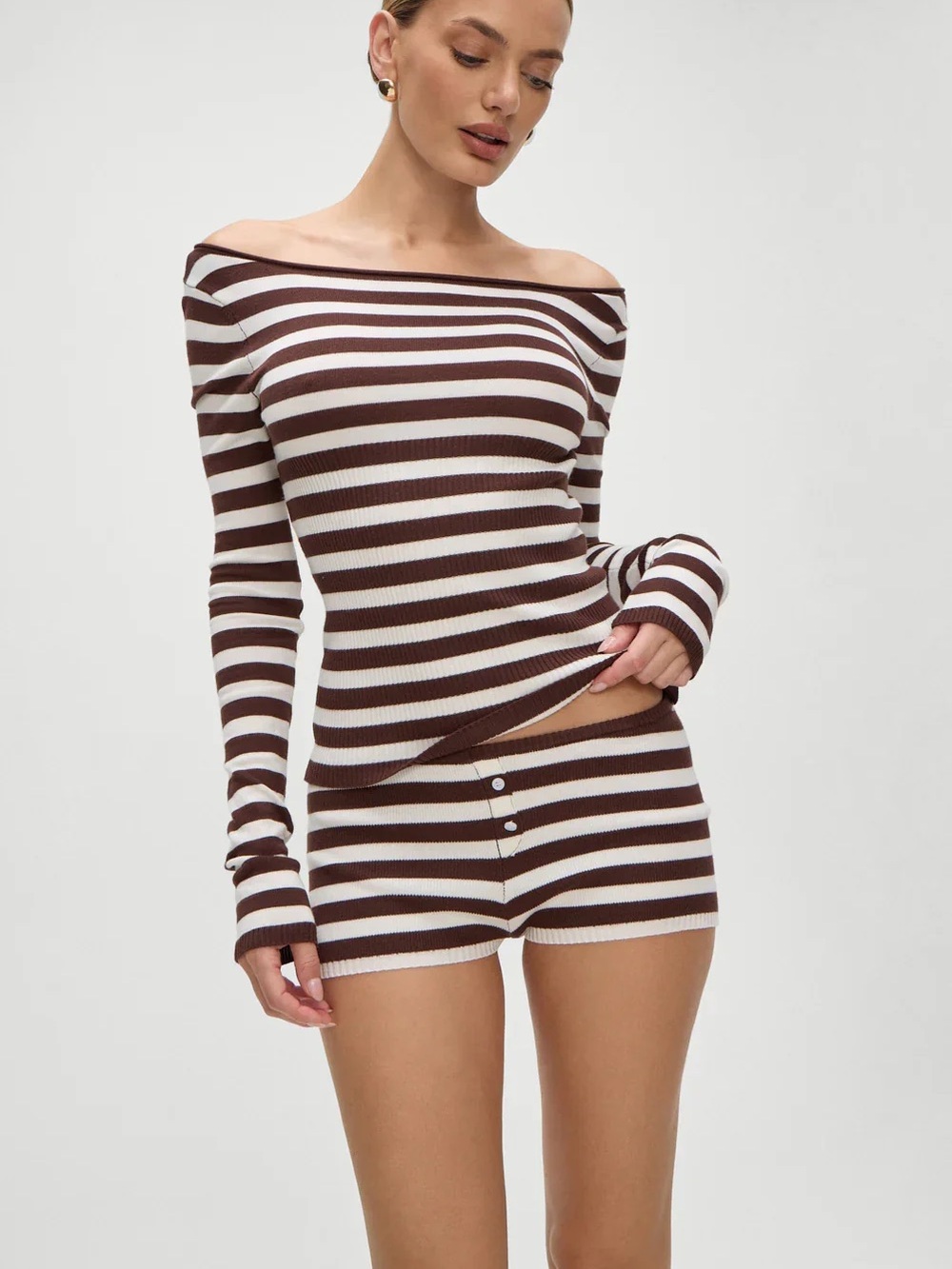 Frankies Bikinis Striped Brown & White Ribbed Knit Set